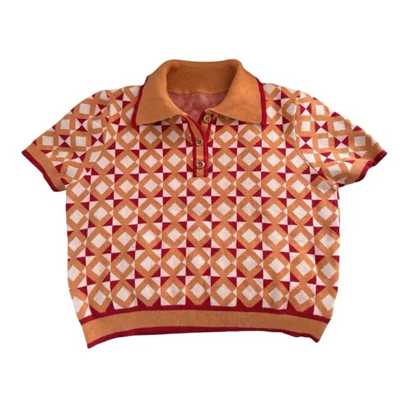 Cider Retro Knit Polo Shirt - Orange and Red Geometric Pattern - Picture 1 of 4